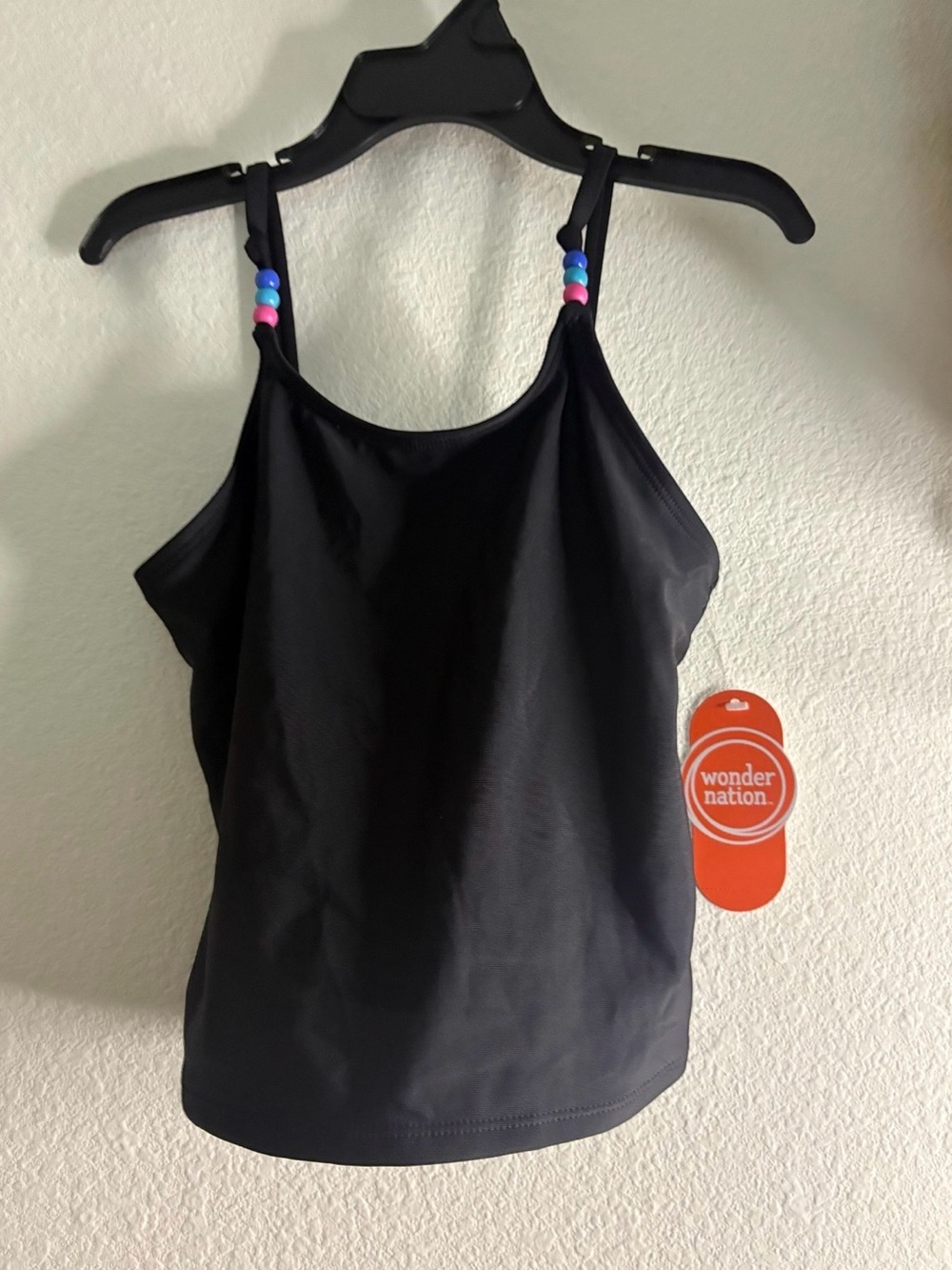 wonder nation Black Tank Top with Pink & Blue Beaded Straps